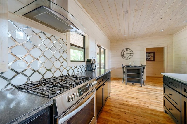 kitchen with wood ceiling, stainless steel stove, light hardwood / wood-style floors, and ventilation hood