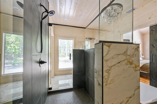 entryway featuring wooden ceiling and wooden walls