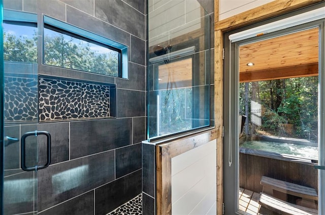 bathroom featuring a shower with shower door