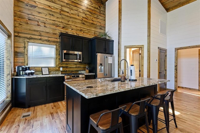 kitchen with stainless steel appliances, wooden ceiling, high vaulted ceiling, a kitchen island with sink, and a breakfast bar