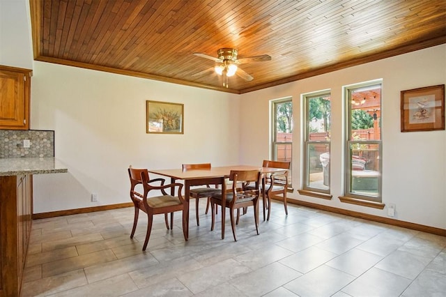 dining space featuring ceiling fan, crown molding, light tile patterned flooring, and wood ceiling