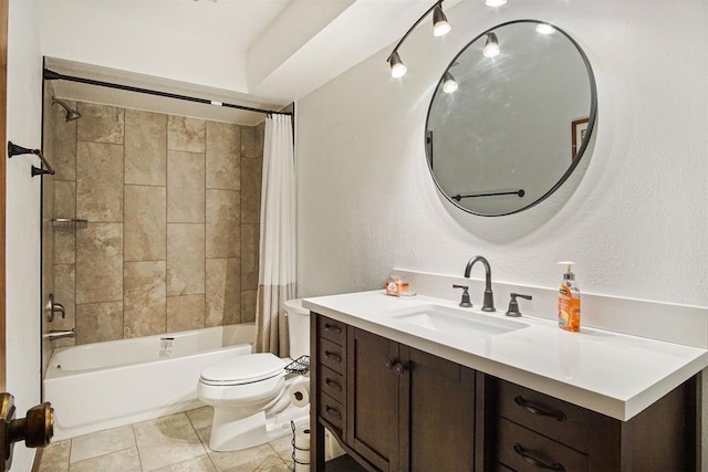 full bathroom with tile patterned flooring, shower / bath combination with curtain, toilet, and vanity