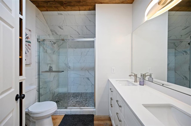 bathroom featuring wood-type flooring, vanity, toilet, and a shower with door