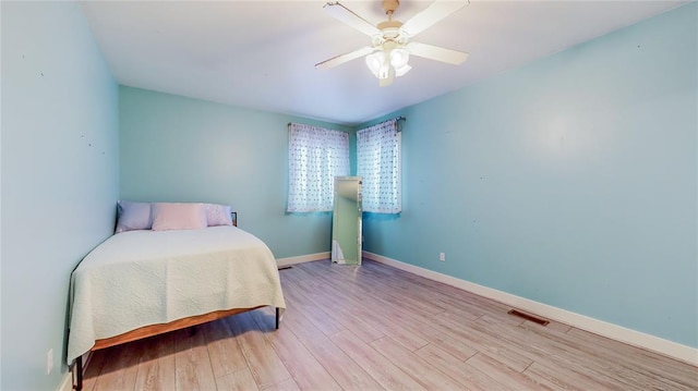 bedroom with ceiling fan and light hardwood / wood-style flooring