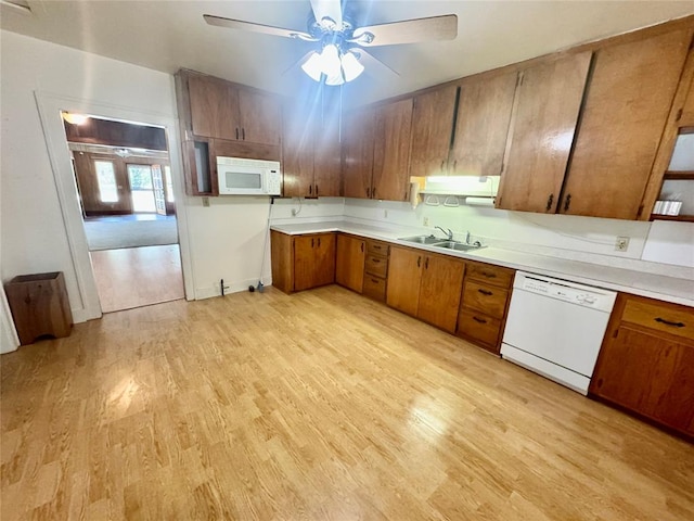 kitchen featuring ceiling fan, sink, light hardwood / wood-style floors, and white appliances