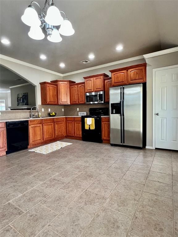 kitchen with decorative backsplash, crown molding, black appliances, decorative light fixtures, and an inviting chandelier