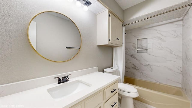 full bathroom with vanity, toilet, and shower / bathtub combination with curtain