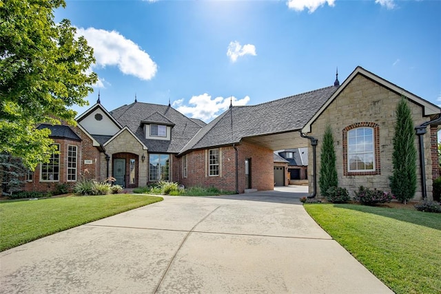 french country style house with a front yard