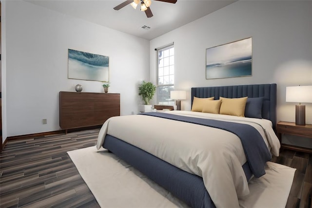 bedroom featuring ceiling fan and dark wood-type flooring