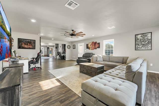 208 S Mockingbird Dr, Altus, OK 73521 - living room with a ceiling fan, baseboards, recessed lighting, and dark wood finished floors