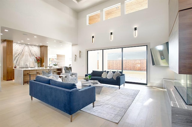 living room featuring light hardwood / wood-style floors and a high ceiling