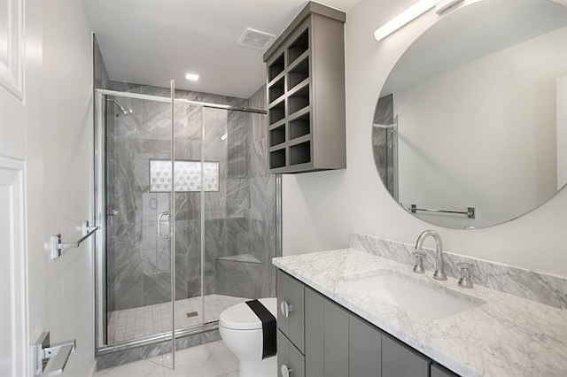 2416 SW 130th St, Oklahoma City, OK 73170 - full bath featuring vanity, a stall shower, and marble look tiles