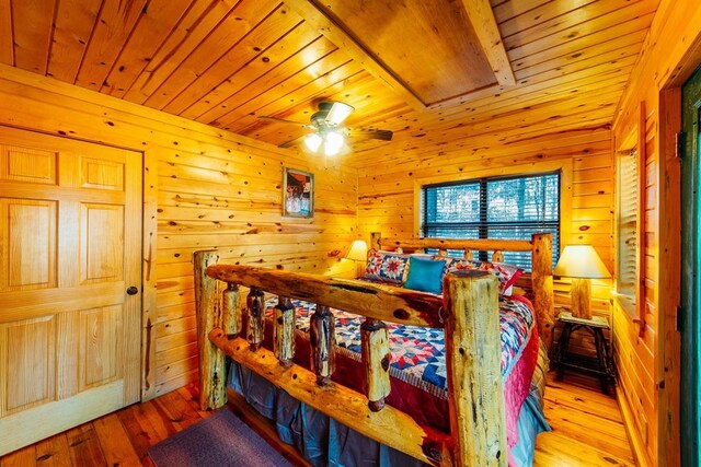 bedroom featuring ceiling fan, wood ceiling, wooden walls, and light hardwood / wood-style flooring