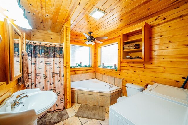 bathroom featuring wood walls, sink, tile patterned flooring, ceiling fan, and wood ceiling