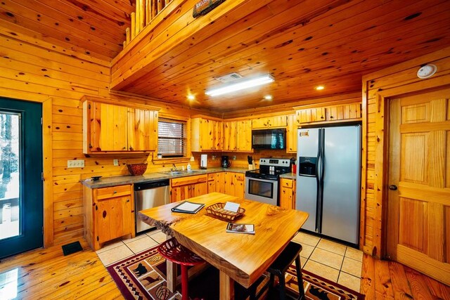 kitchen with sink, wood walls, appliances with stainless steel finishes, wood ceiling, and light wood-type flooring