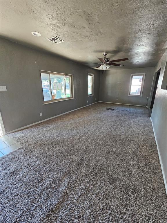 carpeted spare room featuring ceiling fan, plenty of natural light, and a textured ceiling