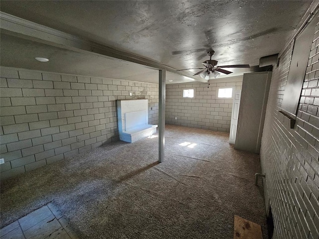 basement featuring carpet floors and brick wall