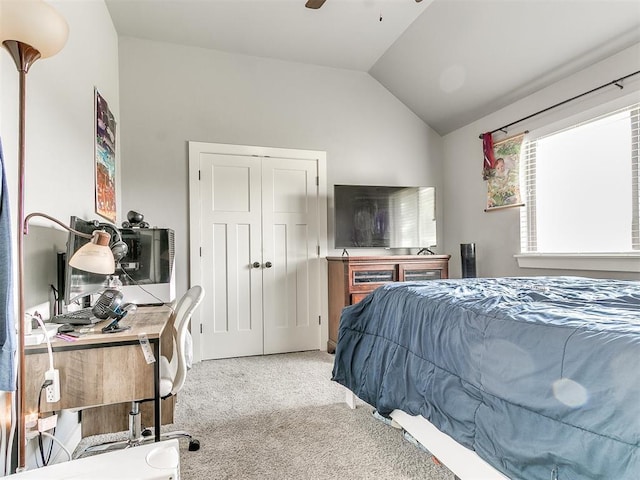 1301 Atalon Dr, Moore, OK 73160 - carpeted bedroom featuring vaulted ceiling, ceiling fan, and a closet