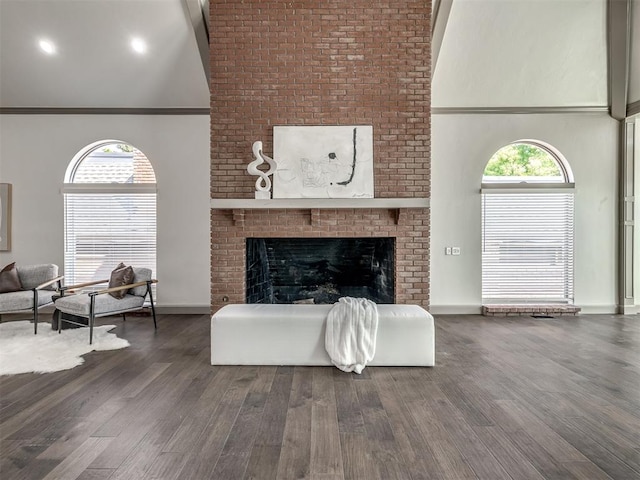 living room with dark hardwood / wood-style flooring, a brick fireplace, and plenty of natural light