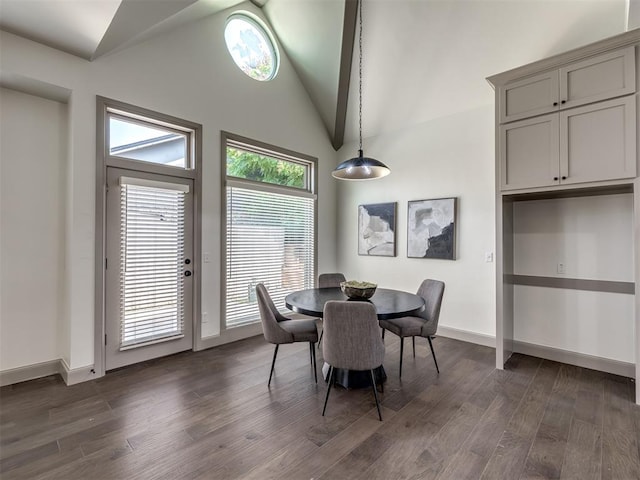 dining area featuring dark hardwood / wood-style flooring and high vaulted ceiling