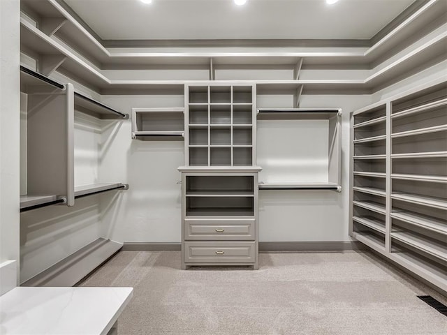 spacious closet featuring light colored carpet