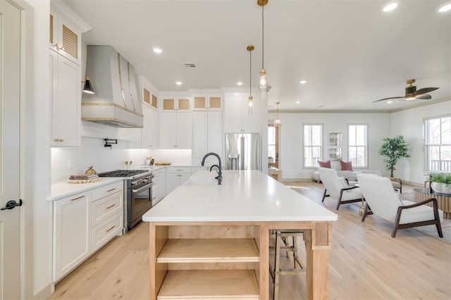 kitchen with premium range hood, light wood-type flooring, an island with sink, appliances with stainless steel finishes, and white cabinetry