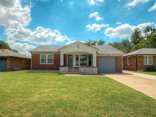 ranch-style house featuring a front yard and a garage