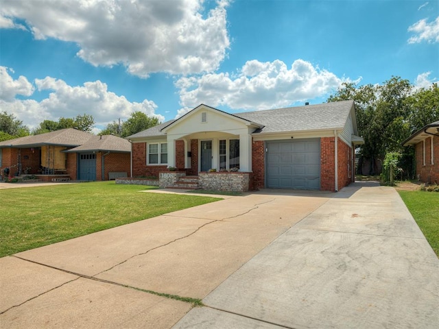 ranch-style home with a front yard and a garage