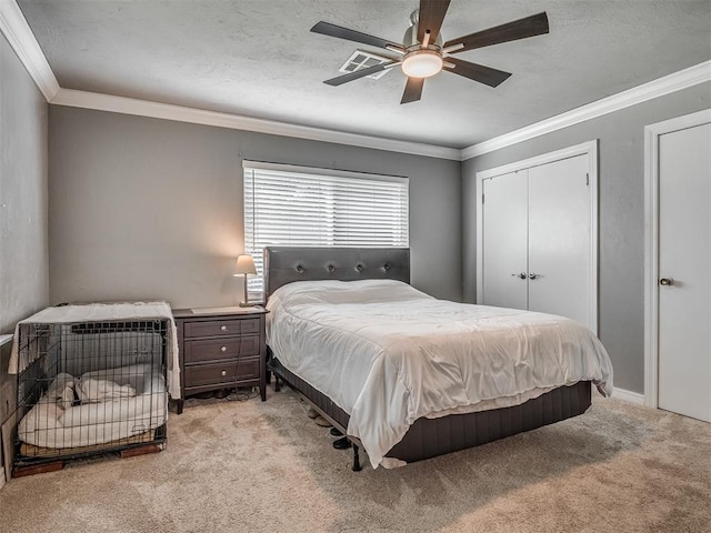 bedroom featuring ceiling fan, light colored carpet, and ornamental molding