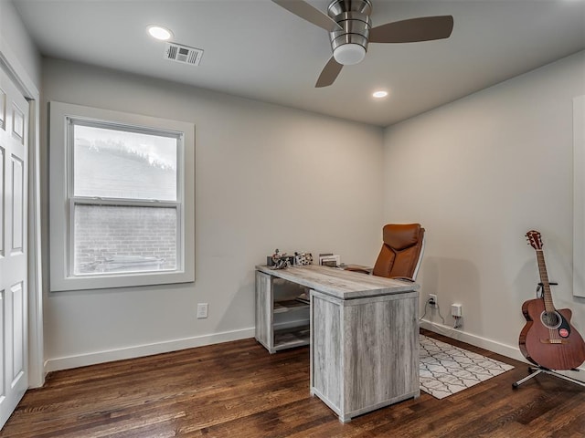 office area featuring ceiling fan and dark wood-type flooring