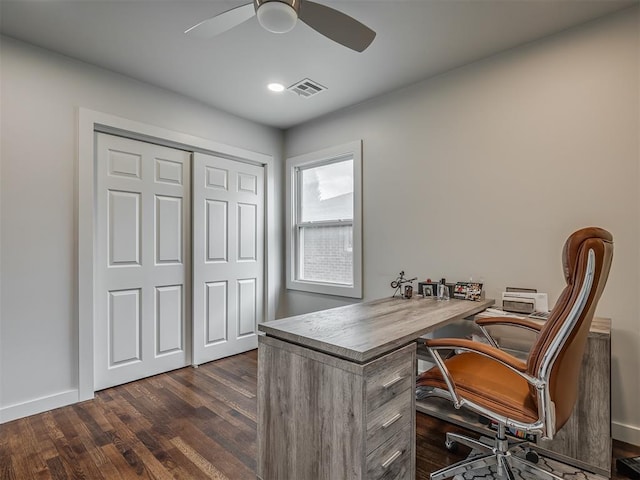 office featuring ceiling fan and dark wood-type flooring