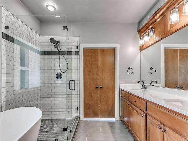 bathroom featuring plus walk in shower and vanity