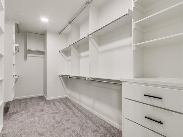 walk in closet with light carpet