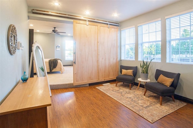 living area with ceiling fan, a wealth of natural light, and wood-type flooring