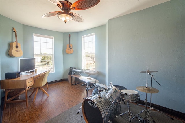 home office featuring ceiling fan and wood-type flooring