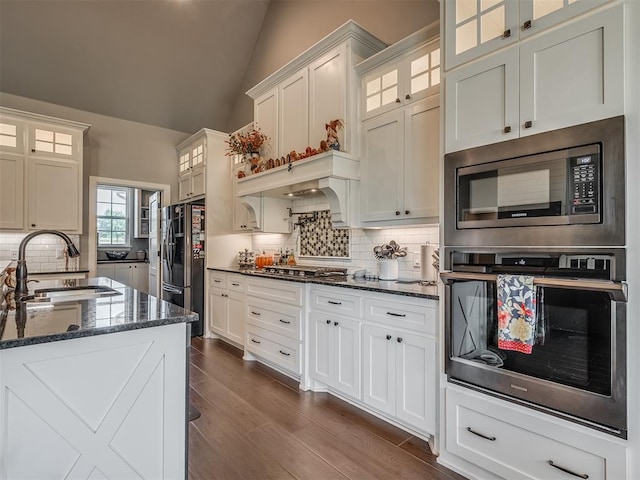 kitchen featuring dark stone counters, sink, vaulted ceiling, dark hardwood / wood-style floors, and appliances with stainless steel finishes