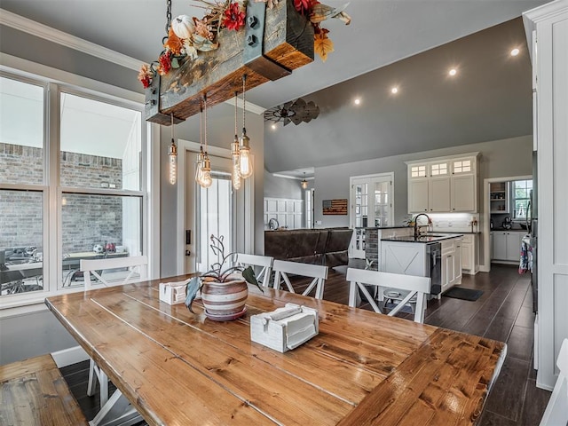 dining space with ceiling fan, sink, dark wood-type flooring, crown molding, and a towering ceiling