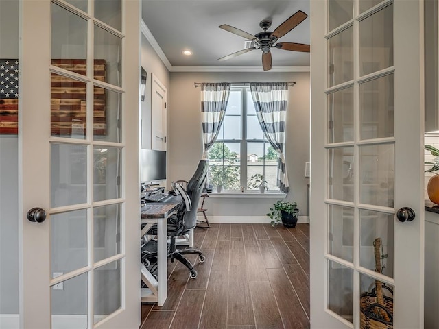 office area with ceiling fan, ornamental molding, dark wood-type flooring, and french doors