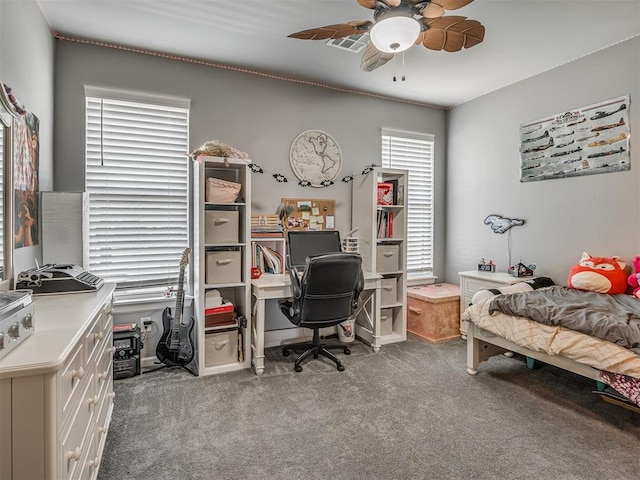 bedroom featuring ceiling fan and carpet floors