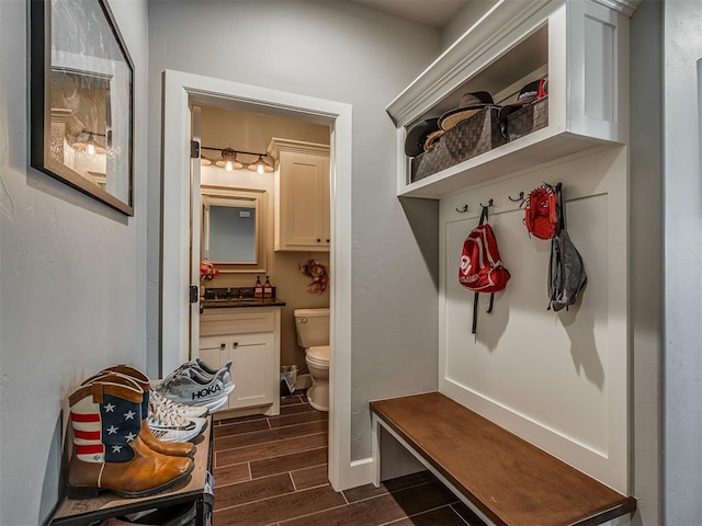 mudroom with dark hardwood / wood-style floors