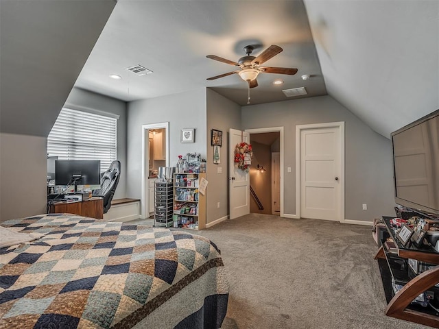 bedroom with light carpet, ceiling fan, and lofted ceiling