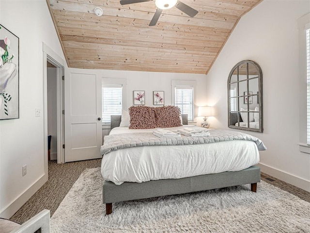 bedroom with carpet flooring, ceiling fan, lofted ceiling, and wood ceiling