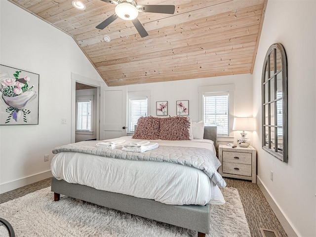 bedroom with carpet, vaulted ceiling, ceiling fan, and wooden ceiling