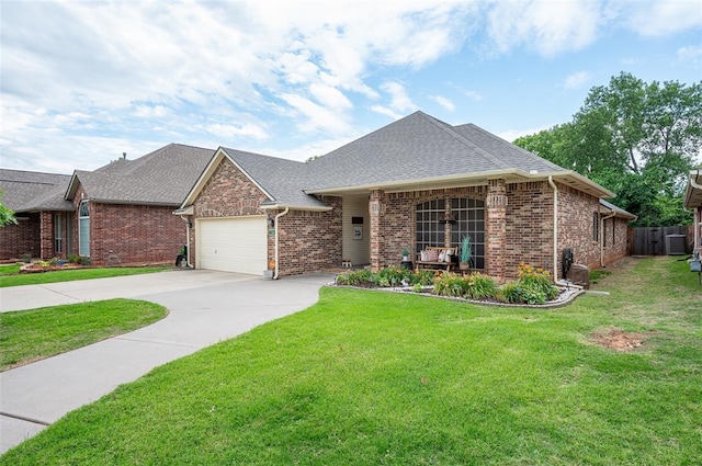 ranch-style house featuring central AC, a porch, a front yard, and a garage