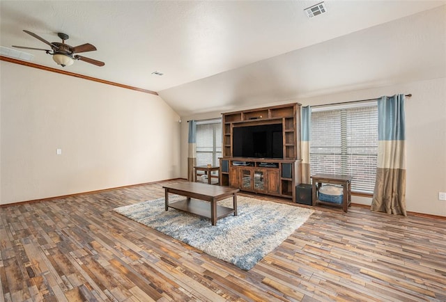 unfurnished living room with hardwood / wood-style flooring, ceiling fan, and lofted ceiling