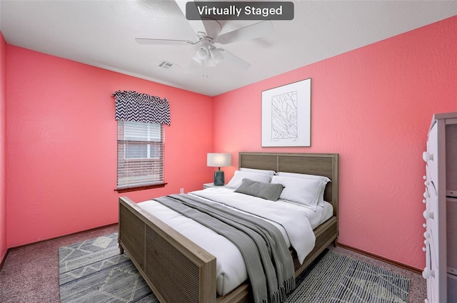 bedroom featuring carpet flooring and ceiling fan