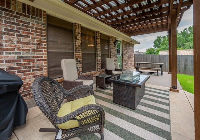 view of patio / terrace with a pergola, an outdoor hangout area, and grilling area