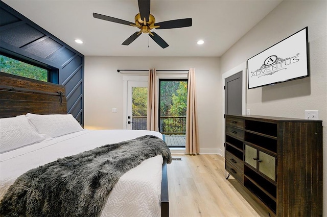 bedroom featuring access to exterior, light hardwood / wood-style flooring, and ceiling fan