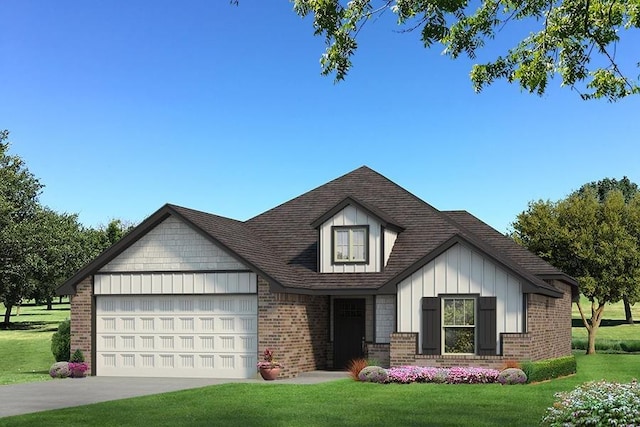 view of front of house with a shingled roof, concrete driveway, an attached garage, a front yard, and brick siding