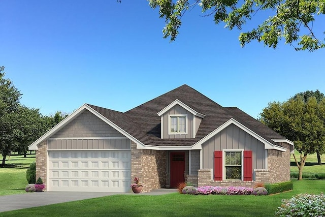 craftsman-style house featuring a garage, brick siding, concrete driveway, board and batten siding, and a front yard